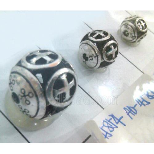 Round tibetan silver bead, hollow, lead free and nickel free