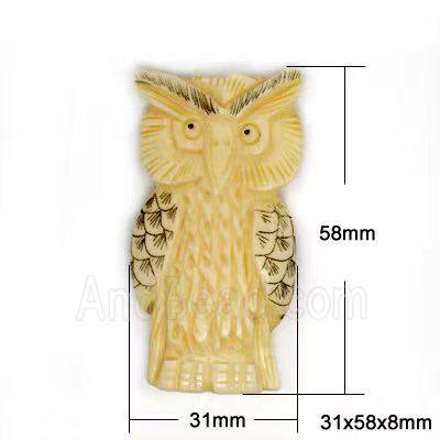 antique cattle bone beads, owl charm, yellow