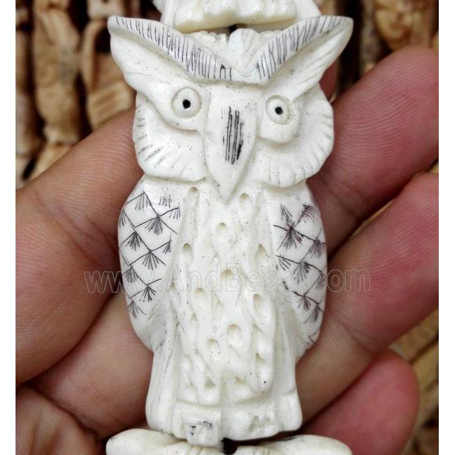 antique cattle bone beads, owl charm, white