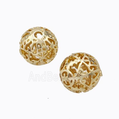 colorfast copper round beads, hollow, gold plated