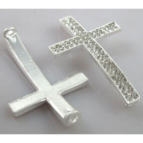 Bracelet bar, cross, alloy connector with rhinestone, duck-silver