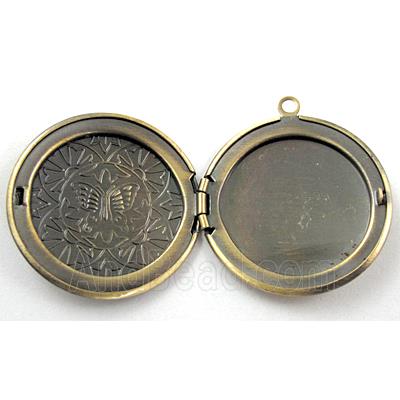 necklace Locket pendant, flat-round, copper, Bronze plated