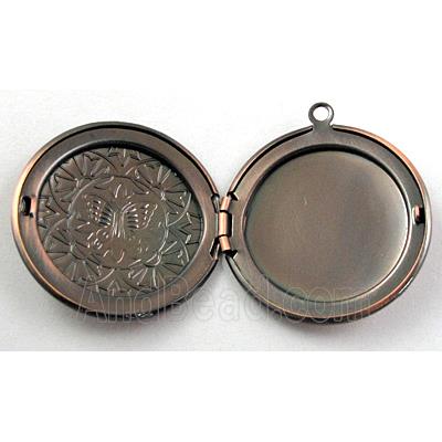 necklace Locket pendant, flat-round, copper, Red copper plated