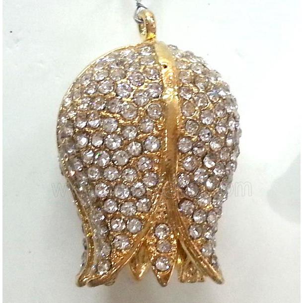 rose, copper pendant with rhinestone, gold plated