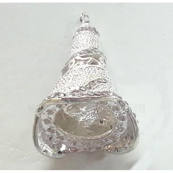 bell, copper pendant with rhinestone, silver plated