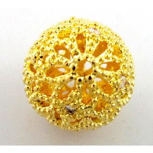 Hollow Alloy bead pave Zircon, round, gold plated