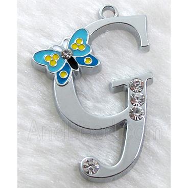 Alphabet bead pendants, G-letter, enamel butterfly, rhinestone