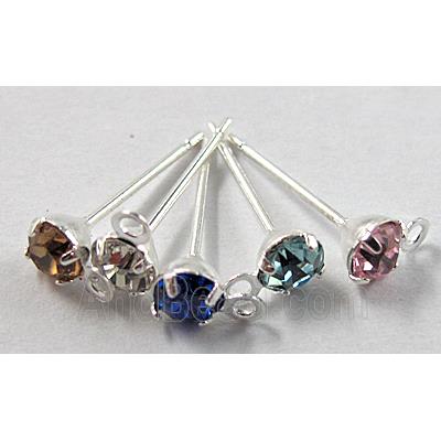 Silver Plated Copper Earring Pin, Nickel Free, mix color rhinestone