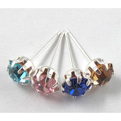 Silver Plated Copper Earring Pin, Rhinestone, Nickel Free, mix color