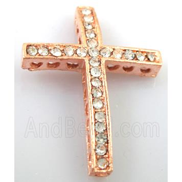 bracelet spacer, alloy cross with rhinestone, red copper