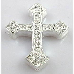 bracelet bar, cross with rhinestone, alloy bead, silver