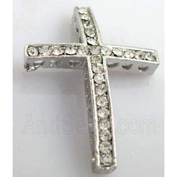 bracelet spacer, alloy cross with rhinestone, platinum plated