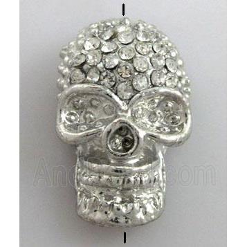 Skull charm, bracelet spacer, alloy bead with rhinestone, platinum plated
