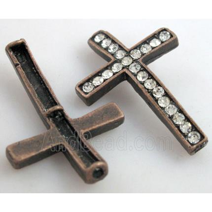 Bracelet bar, cross, alloy bead with rhinestone, antique red copper