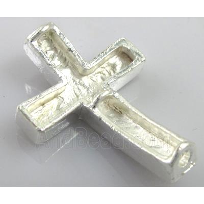 bracelet spacer, alloy cross with rhinestone, silver plated