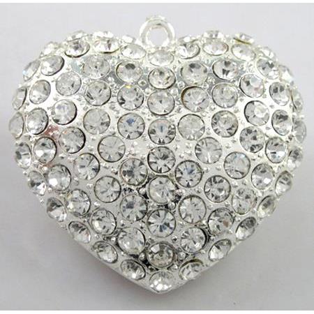 heart alloy peadant with rhinestone, silver