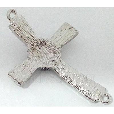 bracelet bar, cross, alloy bead with rhinestone, platinum plated