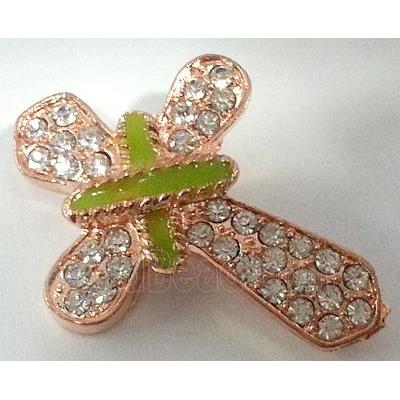 Bracelet bar, cross, alloy bead with rhinestone, red copper