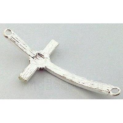 bracelet bar, cross, alloy bead with rhinestone, platinum plated