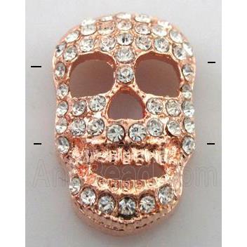 Bracelet bar, alloy bead with rhinestone, skull, red copper