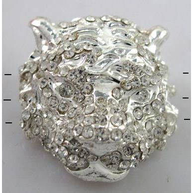 Bracelet bar, alloy bead with rhinestone, tiger, silver