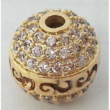 bracelet spacer, copper bead with zircon rhinestone, gold