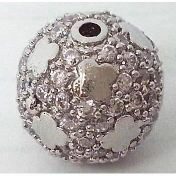 bracelet spacer, copper bead with zircon rhinestone, platinum plated