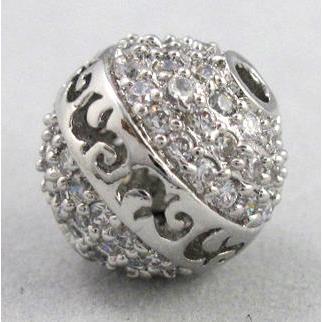 bracelet spacer, copper bead with zircon rhinestone, platinum plated