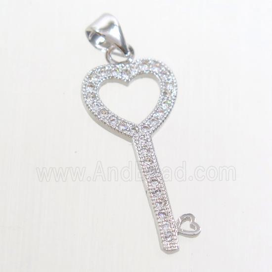 Zircon, copper pendant, key, platinum plated