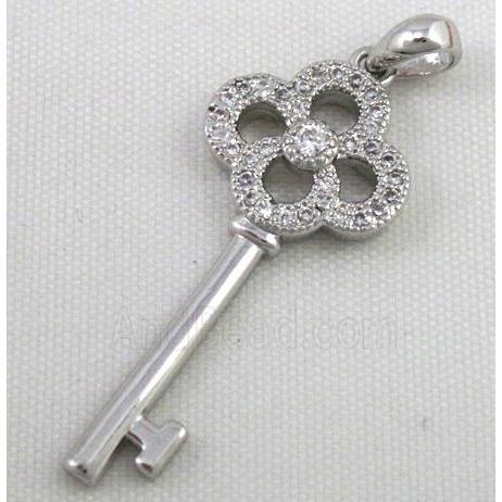 Zircon, copper pendant, key, platinum plated