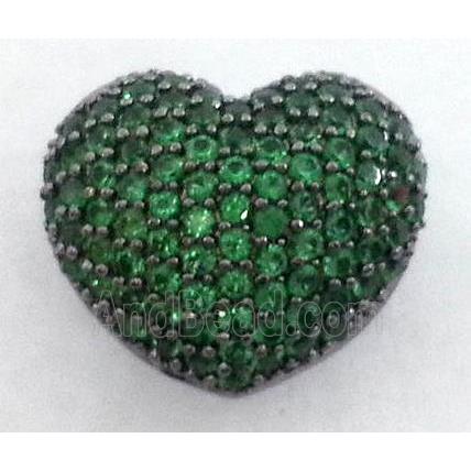 paved zircon copper bead, heart, peacock green, black plated