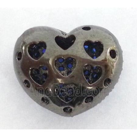 paved zircon copper bead, heart, peacock green, black plated
