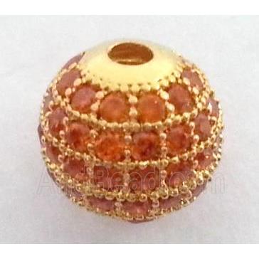 paved zircon copper bead, round, gold plated