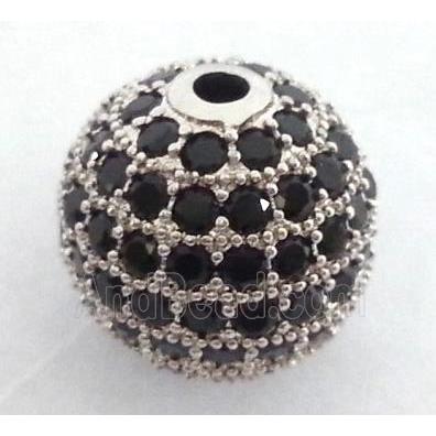 paved zircon copper bead, round, platinum plated
