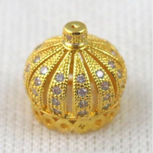 paved zircon copper bead, crown, gold plated