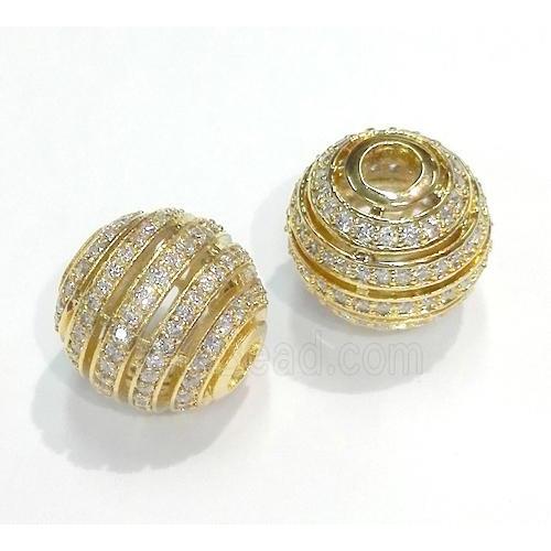 paved zircon copper bead, round, gold plated