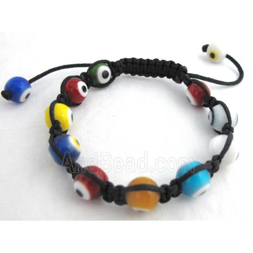 lampwork glass bracelet, evil eye, resizable, colorful