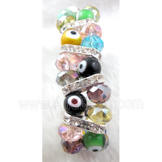 lampwork glass bracelet with crystal beads, stretchy, evil eye
