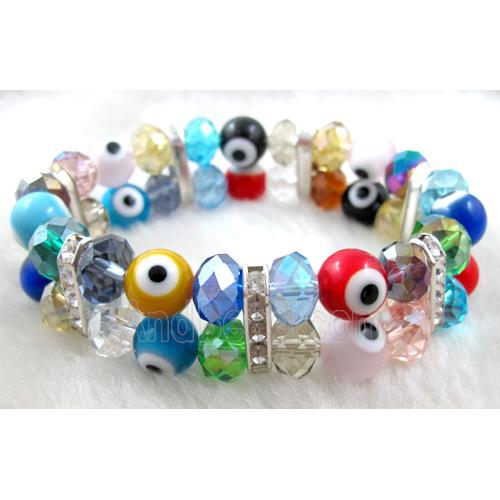lampwork glass bracelet with crystal beads, stretchy, evil eye