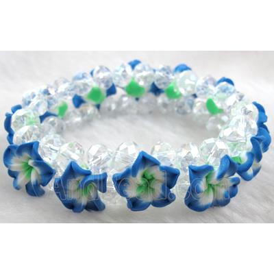 Fimo clay bracelet with crystal glass, stretchy, blue