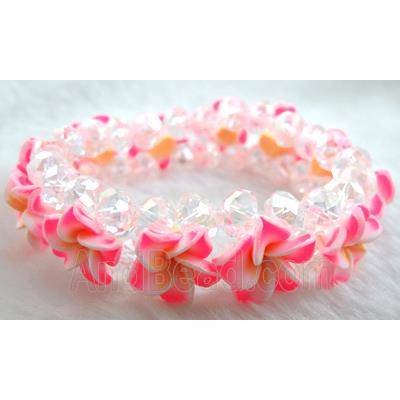 Fimo clay bracelet with crystal glass, stretchy, pink