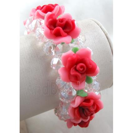 fimo clay bracelet with crystal glass, stretchy, pink, red