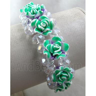 fimo clay bracelet with crystal glass, stretchy, green
