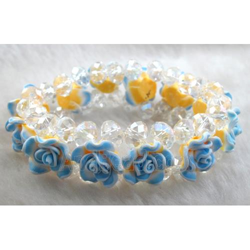 fimo clay bracelet with crystal glass, stretchy, blue