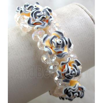fimo clay bracelet with crystal glass, stretchy, yellow, black