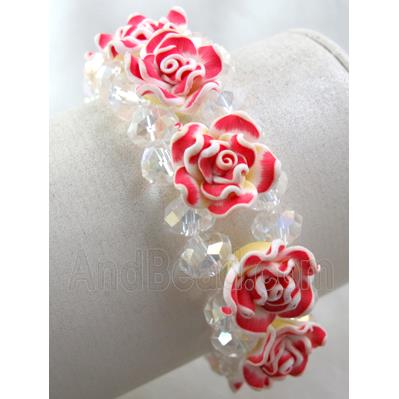 fimo clay bracelet with crystal glass, stretchy, red