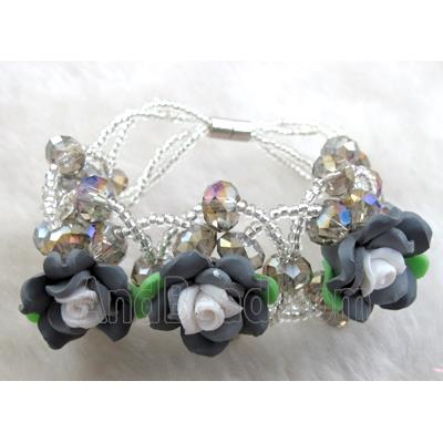 fimo clay bracelet with crystal glass, grey, white