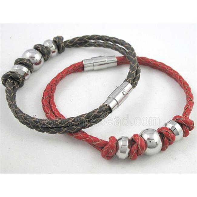 fashion bracelet with leather, stainless steel, handmade, mixed