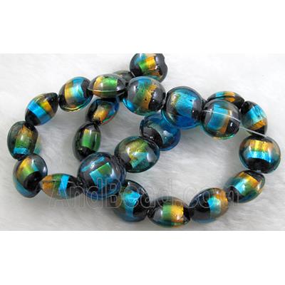 dichromatic lampwork glass beads with foil, flat-round, colorful