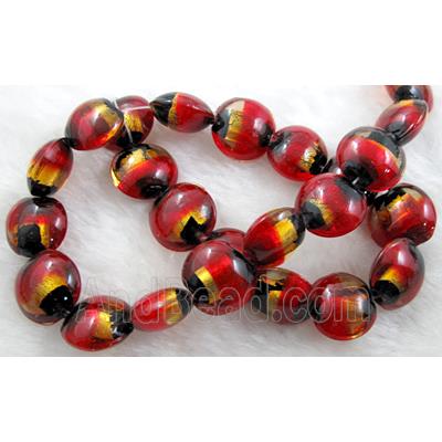 dichromatic lampwork glass beads with foil, flat-round, red
